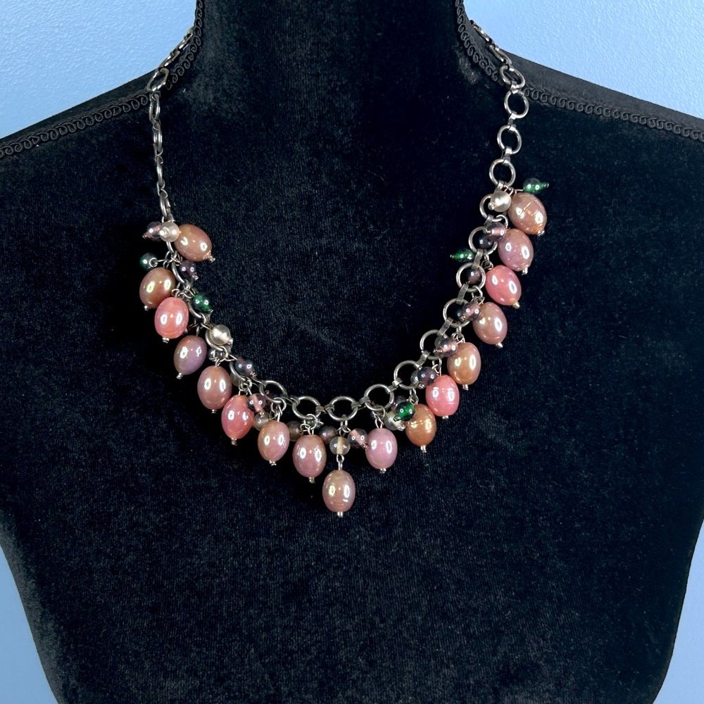 Beautifully Detailed Antique‎ Pewter w/ Mauve Pink & Green Glass Beads Necklace